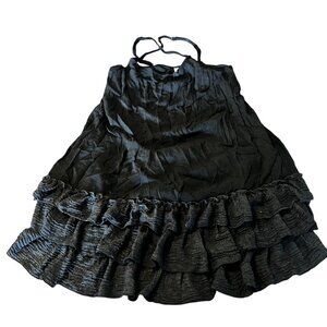 Black Sleeveless Ruffled Viscose Dress With Adjustable Straps & Tiered Hem